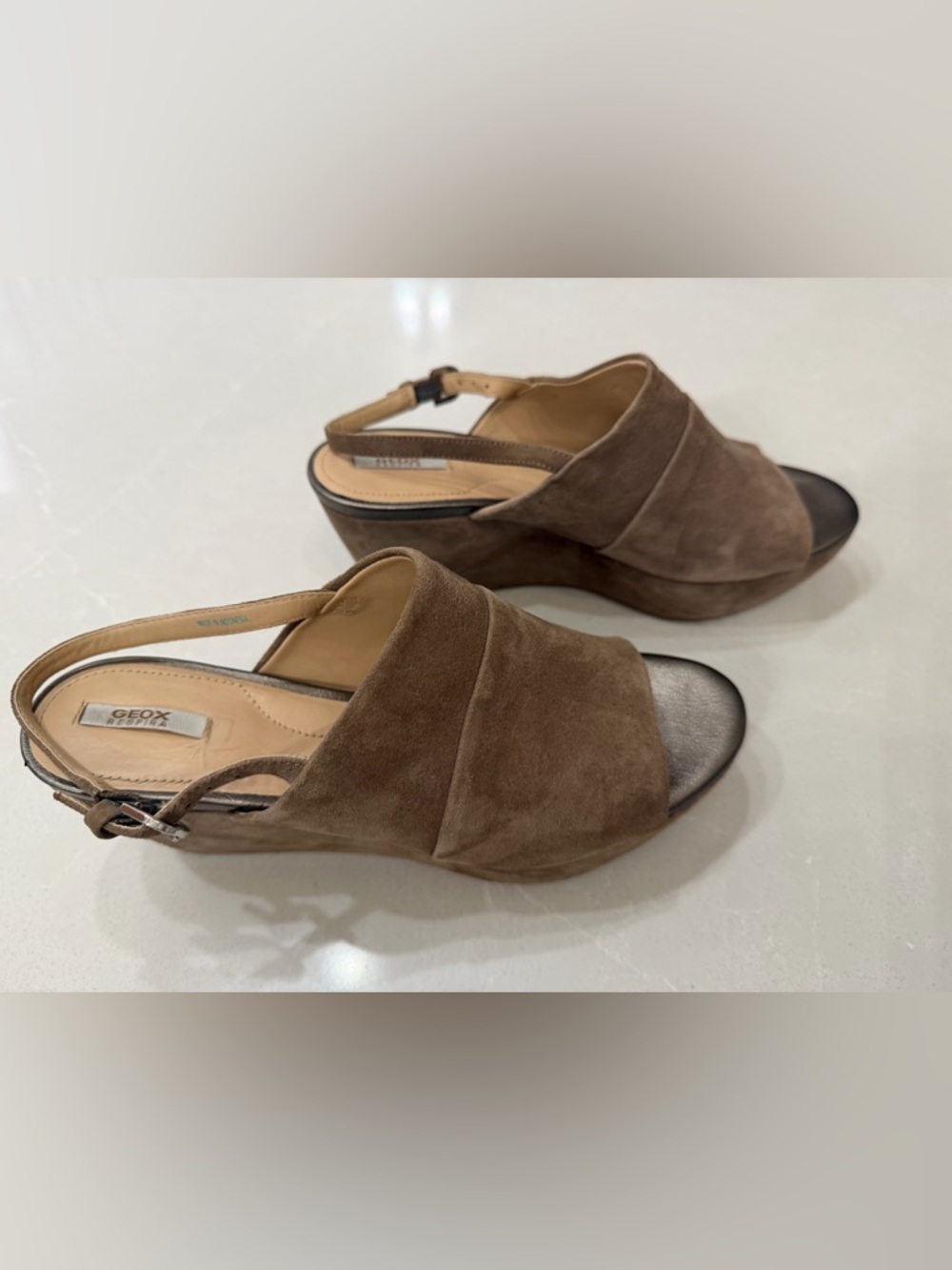 Geox Respira Light Brown Suede Wedge Slingback Sandals, eur 39